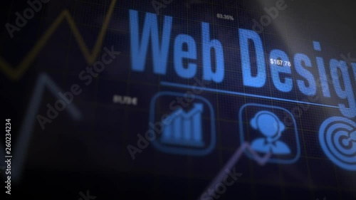 Web Design business concept on a flashing computer monitor with moving graphs and data. © duncanandison