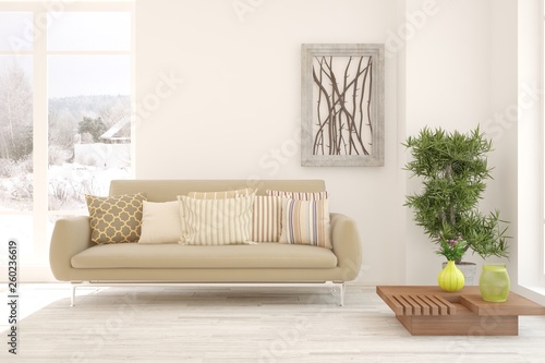 White stylish minimalist room with sofa and winter landscape in window. Scandinavian interior design. 3D illustration