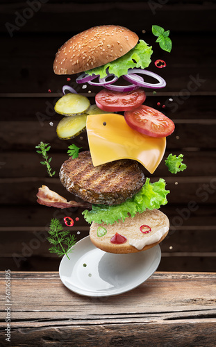 Hamburger ingredients falling down one by one to create a perfect meal. Colorful conceptual picture of burger cooking. © volff