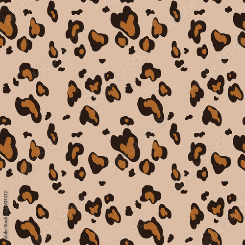 Leopard skin seamless pattern on beige background. Animal print. Graphic ornament
