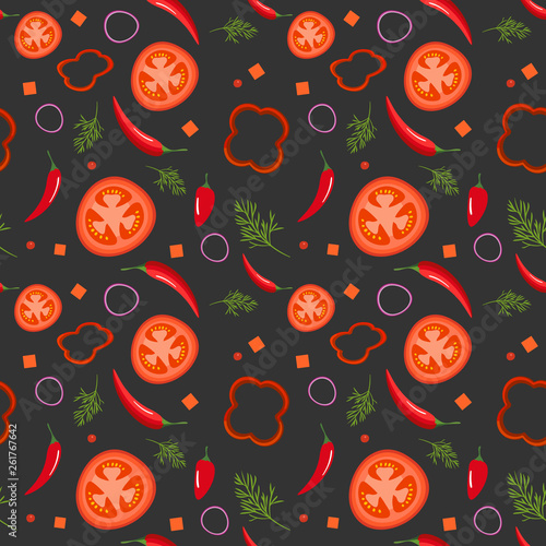 Seamless pattern on dark background with red vegetables. Tomatoes, paprika, hot peppers, onions and dill. Vector illustration. © vandycandy