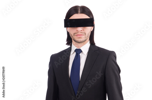Young man with black face mask on white