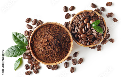 Bowl of ground coffee and beans isolated on white background © baibaz