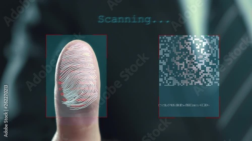 Futuristic digital processing of fingerprints as man holds his hand against a modern fingerprint scanner. Futuristic digital technology and transparent citizen concept. © AA+W