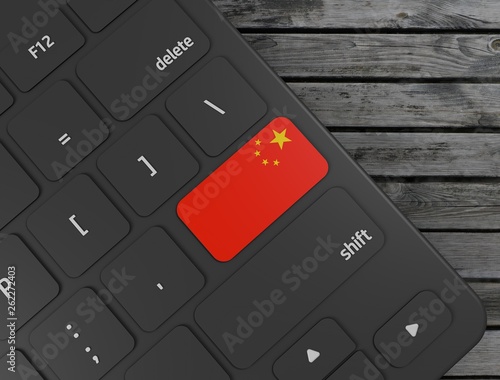 China flag enter key on white keyboard, on wood background. 3d render © viking75