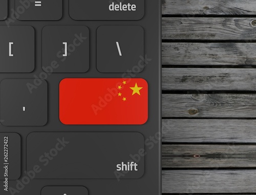 China flag enter key on white keyboard, on wood background. 3d render © viking75
