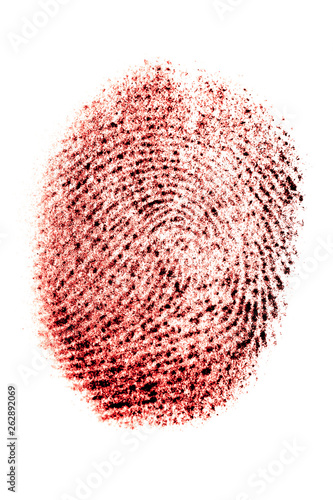 Real fingerprint in red color on white background, bloody thumbprint, macro