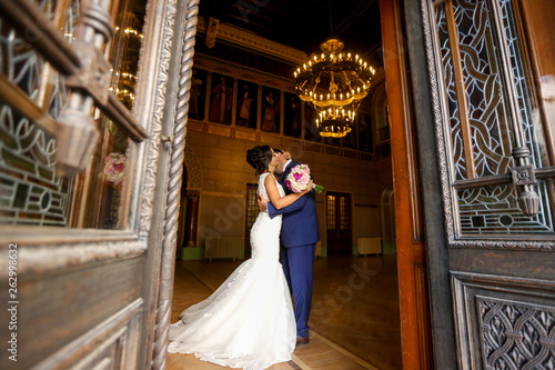 Beautiful wedding couple posing in castle © hreniuca