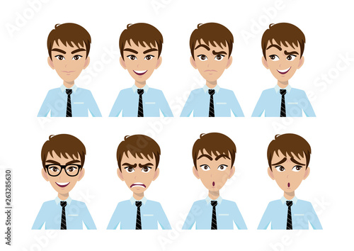 Face expressions of handsome businessman. Different male emotions set. Smart cartoon character. Vector illustration isolated on white background © titaporn