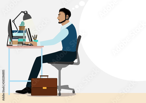 Cartoon character, Handsame employee man working with computer in office area thinking about success in process job, smart worker. Vector illustration © titaporn