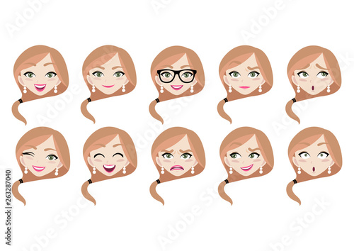 Set of lady face and different emotions in cartoon style Business woman cartoon character creation set. Young lady and Beautiful smiling businesswoman, Vector and illustration © titaporn