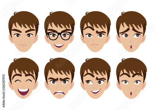 Set of man face and different emotions. Vector character illustration in cartoon style Business man cartoon character creation set. Young boy and Beautiful smiling businessman, Vector and illustration © titaporn
