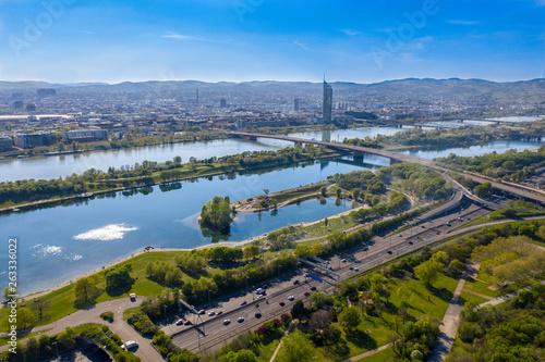 Beautiful drone shot of Vienna and danube at daytime from up above © Marko