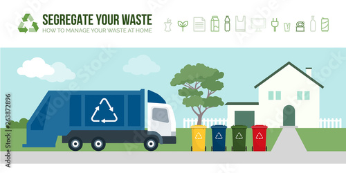 Waste truck collecting garbage bins © elenabsl