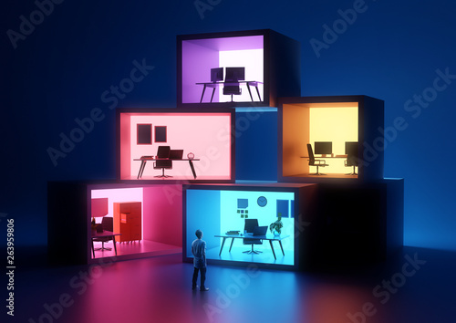 A group of business offices and workplace spaces. Co-working 3D illustration. © James Thew