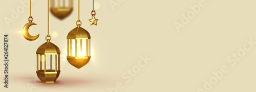 Beige Background 3d design is arabian vintage decorative hanging lamp are on fire. Decoration light lantern, gold stars on ribbon and golden crescent moon. horizontal banner, blank poster template, © lauritta