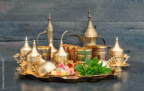 Oriental tea coffee table golden cups delights mint Ramadan © LiliGraphie