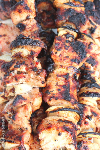 Barbecue skewers with juicy appetizing delicious meat closeup © juliasv