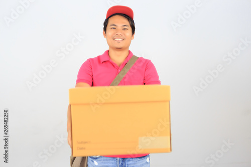 Parcel delivery person on white background